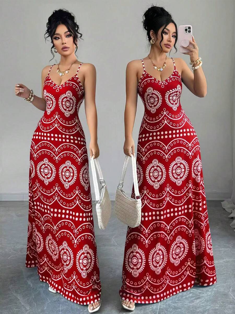 Elenzga Plus Size Casual Retro Printed Summer Spaghetti Strap Dress, Party Dress, Outdoor Outfit - Red - View 1