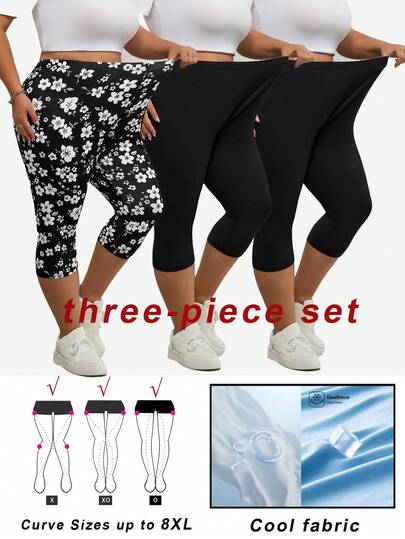 SHEIN CURVE+ Plus-Size Women's Leggings, Capri Pants, 3 Piecessets, Summer Leggings, Printed Leggings, Black Leggings