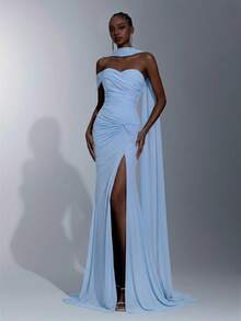 Elitara Elegant Luxurious Stretchy Knit Ruched Sleeve Twist Design Halter Slit Fishtail Dress, Suitable For Weddings, Events, Singles Parties, Vacations, Galas, Formal Occasions - Baby Blue - View 6