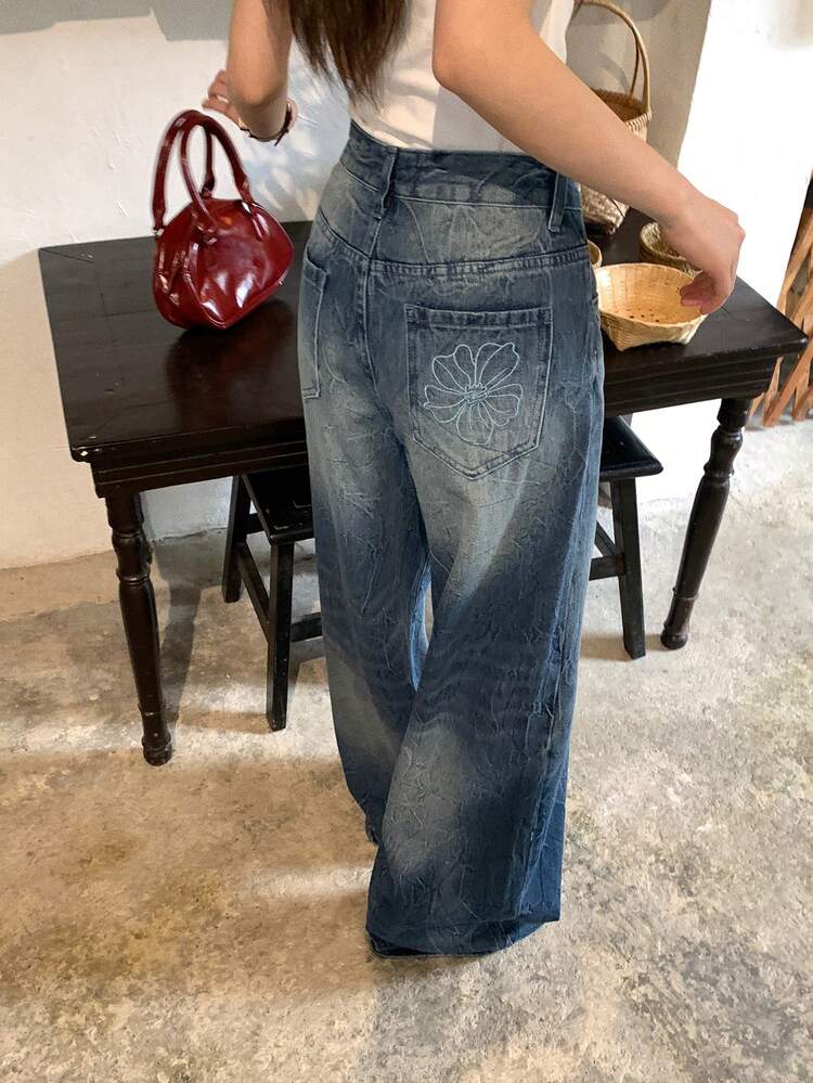 Women's Relaxed Fit Distressed Floral Embroidered Denim Jeans