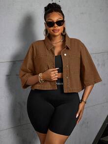 Slaydiva Plus Size Women Denim Jacket, Sleeveless, Cropped, Non-Stretch - Brown - View 4