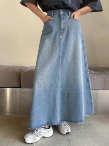 DAZY Chân váy denim nữ dáng rộng, chất liệu denim mài, kiểu dáng thường ngày, đa năng. - Màu xanh lam - Xem 6