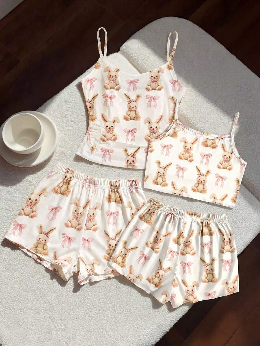 SHEIN 2 件 Tween Girl 兔子和蝴蝶结图案休闲简约短款吊带背心和短裤睡衣套装，适合夏季、母亲节、复活节、母子搭配服装（2 套单独出售） - 彩色 - 查看 1