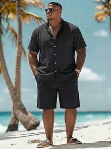 Manfinity RSRT Plus Size Men's Solid Color Front Button Short Sleeve Shirt And Shorts Beach Outfit, Summer - Black - View 1