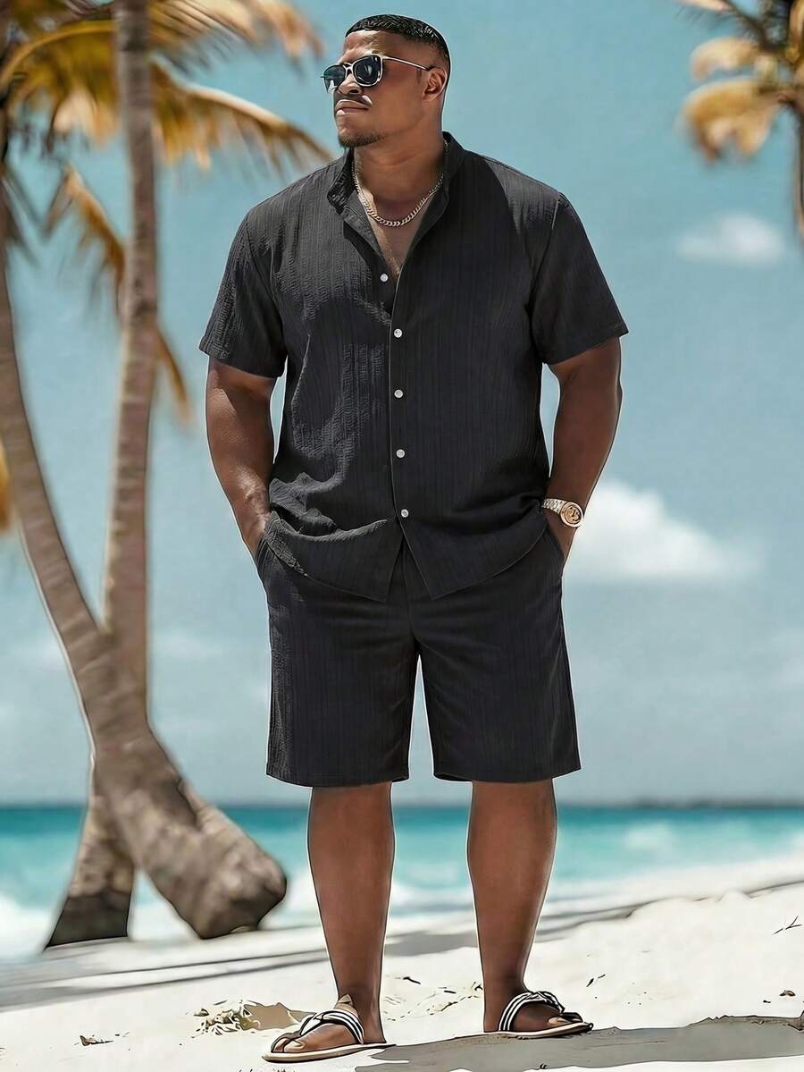 Manfinity RSRT Plus Size Men's Solid Color Front Button Short Sleeve Shirt And Shorts Beach Outfit, Summer - Black - View 1