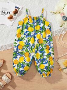 SHEIN Bộ áo liền quần không tay dáng rộng ống rộng họa tiết hoa nhí cho bé gái - Nhiều màu - Xem 3