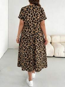 SHEIN Essnce Plus Size Women Leopard Print Short Sleeve Casual Vacation Dress, Coffee Color - Multicolor - View 2