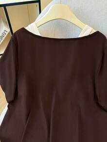 GlowEve CURVE Plus Size Coffee Brown Casual Knitted T-Shirt Regular Sleeve Top With Contrast V-Neck Design For Women - Coffee Brown - View 9