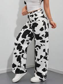 SHEIN ICON 女士奶牛纹口袋阔腿宽松休闲牛仔裤 - 彩色 - 查看 4