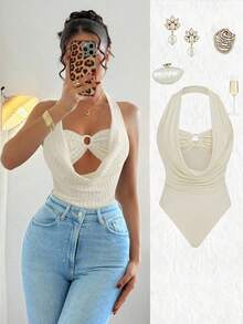 Elenzga French Cream Textured Striped Summer Sweet & Spicy Bralette Style Spaghetti Strap Backless Bodysuit, Comfortable For Beach Vacation - Apricot - View 7