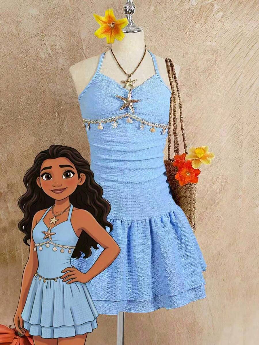 少女纯色露背金属装饰休闲连衣裙 - 藍色 - 查看 1