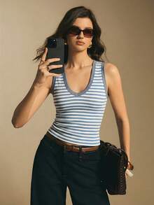 Poéselle 女士休闲条纹背心，夏季 - 藍色 - 查看 6