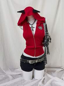 Sunspun Áo nỉ không tay ôm sát màu đen và đỏ có họa tiết sừng - Đỏ - Xem 1