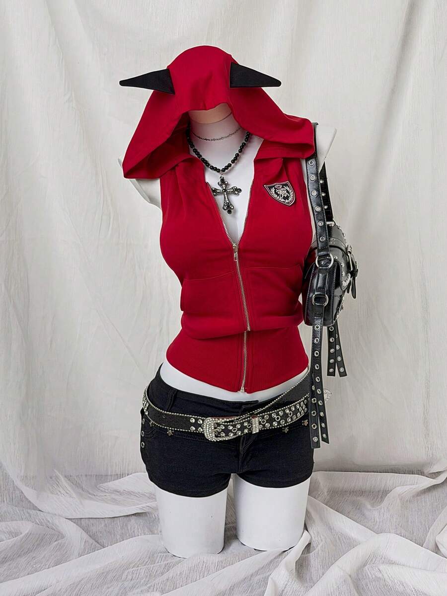 Sunspun Áo nỉ không tay ôm sát màu đen và đỏ có họa tiết sừng - Đỏ - Xem 1