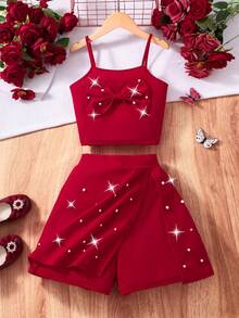 Sparklyn Girls' Bowknot Pearl Camisole Top And Pearl Skort 2-Piece Set, Red, Comfortable, Elegant, Suitable For Party, Outdoor, School, Vintage, Chic Mermaid Skirt And Top Set Red Mini Skirt Cute Outfits For Girls 8 Years Old Girl Outfit Teen Girl Clothes 2 Piece Sets - Red - View 4