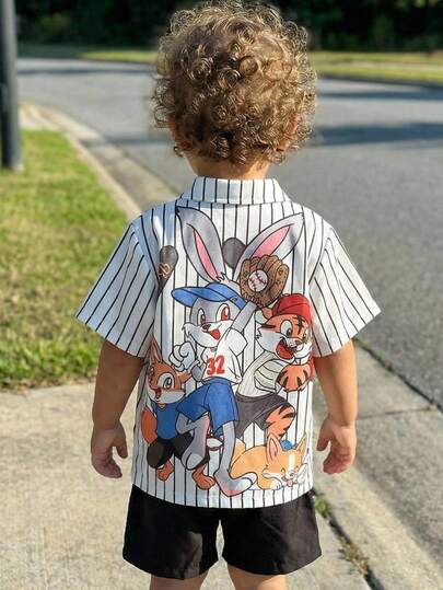 Bubblio Bộ đồ 2 món cho bé trai, gồm áo sơ mi ngắn tay và quần short màu trơn in hình động vật hoạt hình, thoải mái, thích hợp cho mùa xuân và mùa hè.
