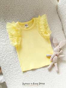Cozy Pixies Baby Girl Solid Color Knit Soft Round Neck Short Sleeve Pullover Top, Versatile & Comfortable - Yellow - View 7