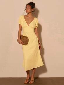 COSMINA 女士奶油黄花瓣袖V领A字中长休闲度假简约连衣裙，浅黄色 - 淡黃色 - 查看 1