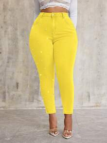 SHEIN SXY Plus Size Pearl Decor Stretchy Blue Denim Skinny Pants - Yellow - View 4