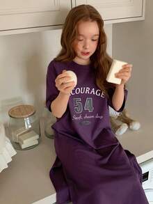 Dazy Kids 时尚修身T恤裙，适合大龄女孩的休闲家居服 - 紫色 - 查看 7