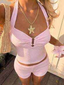 CovetEZ 女士纯色褶皱修身露背吊带背心和短裤两件套 - 粉色 - 查看 2