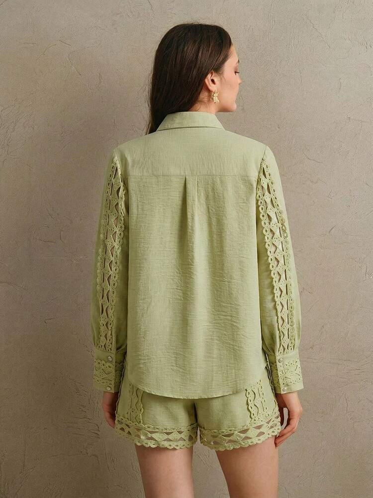 Elegant Lace Patchwork Hollow-Out Loose Casual Romantic Long Sleeve Blouse For Women