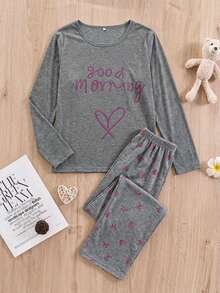 WovenCharm 100% Cotton 2Pcs  Contrast Colour Heart Printed PJ Set - Dark Grey - View 6