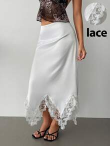 Siren Gaze Chân váy chữ A phối ren và satin mới cho mùa xuân/hè dành cho nữ. - trắng - Xem 4