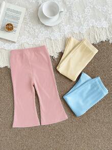 SHEIN 3 paquets Pantalon bébé fille décontracté de base en tricot côtelé avec imprimé cœur double. Jambes évasées, coupe slim, doux et épais. Pantalon, legging, bas de survêtement pour la vie quotidienne, l'école, les fêtes, le printemps, l'été, l'automne et l'hiver. - Multicolore - Voir 2