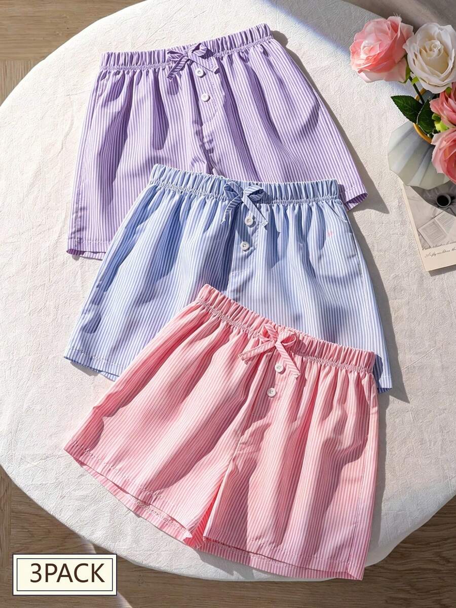 Sparklyn Tween Girls 3 PiecesStriped Shorts Set For Summer, Yellow/Blue/Pink, Bow Waist Loose Fit Comfortable For Daily Wear, Playtime, Home Relaxation - Multicolor - View 1