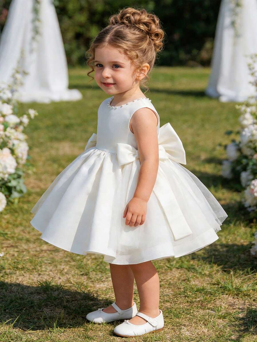 Glamorique Kids 女婴白色缎面无袖连衣裙,高端正式礼服,适合女婴生日、婚礼花童、宴会等场合 - 米色 - 查看 1