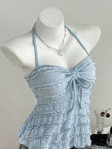 Elamini 夏季性感甜美纹理面料抽绳无肩带系带露脐吊带背心 - 藍色 - 查看 4