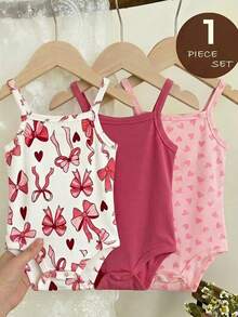 LMoss Kids Pink Cute Bow Heart Print Baby Girl Casual Bodysuit, Suitable For Spring & Summer Rompers For Baby Girl Baby Girls Clothes Summer - Pink - View 1