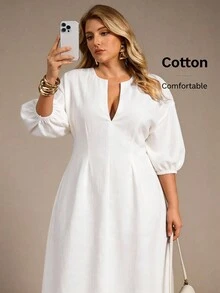 Auralis Plus Size Casual Solid Color Deep V-Neck Dress Work Outfits For Women Office Outfits For Women Office Attire For Women White Dress White Dresses For Women - White - View 1