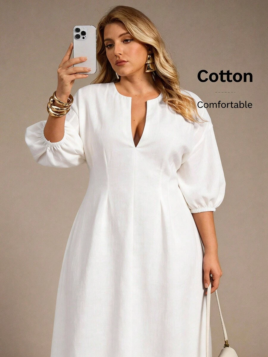 Auralis Plus Size Casual Solid Color Deep V-Neck Dress Work Outfits For Women Office Outfits For Women Office Attire For Women White Dress White Dresses For Women - White - View 1