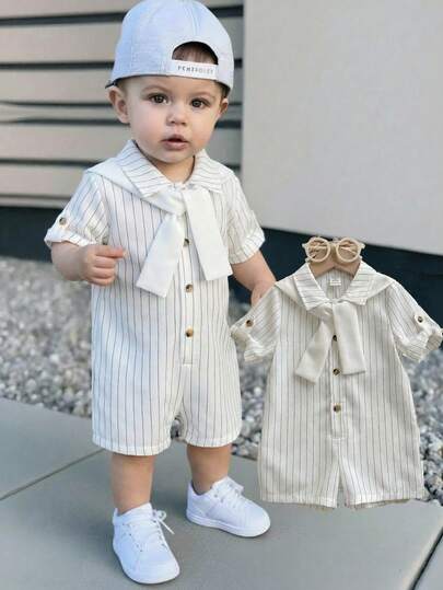Bubblio Bộ áo sơ mi ngắn tay kẻ sọc cổ bẻ và quần short kẻ sọc cho bé trai, thích hợp mặc ở nhà hoặc đi chơi vào mùa xuân/hè.