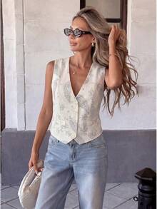 Franclia 复古腰果花无袖西装背心，单排扣V领短款，轻盈成熟风格，适合叠穿 - 杏色 - 查看 4