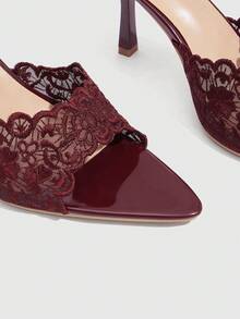CUCCOO SZL Women Embroidered Lace Pointed Toe Stiletto Heeled Sandals Summer Shoes - Burgundy - View 3