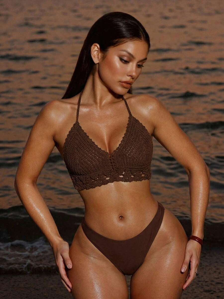 SHEIN Swim Summer Beach Solid Halter Crochet Bikini Top - Mocha Brown - View 1