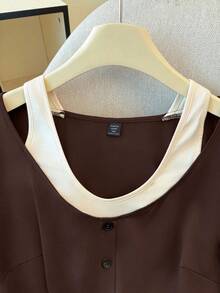 GlowEve CURVE Plus Size Coffee Brown Casual Knitted T-Shirt Regular Sleeve Top With Contrast V-Neck Design For Women - Coffee Brown - View 8