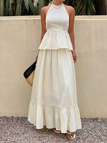Livesso Bộ trang phục nghỉ hè cho nữ, áo croptop không tay cổ tròn màu trắng và chân váy xòe 2 mảnh. - Màu be - Xem 8