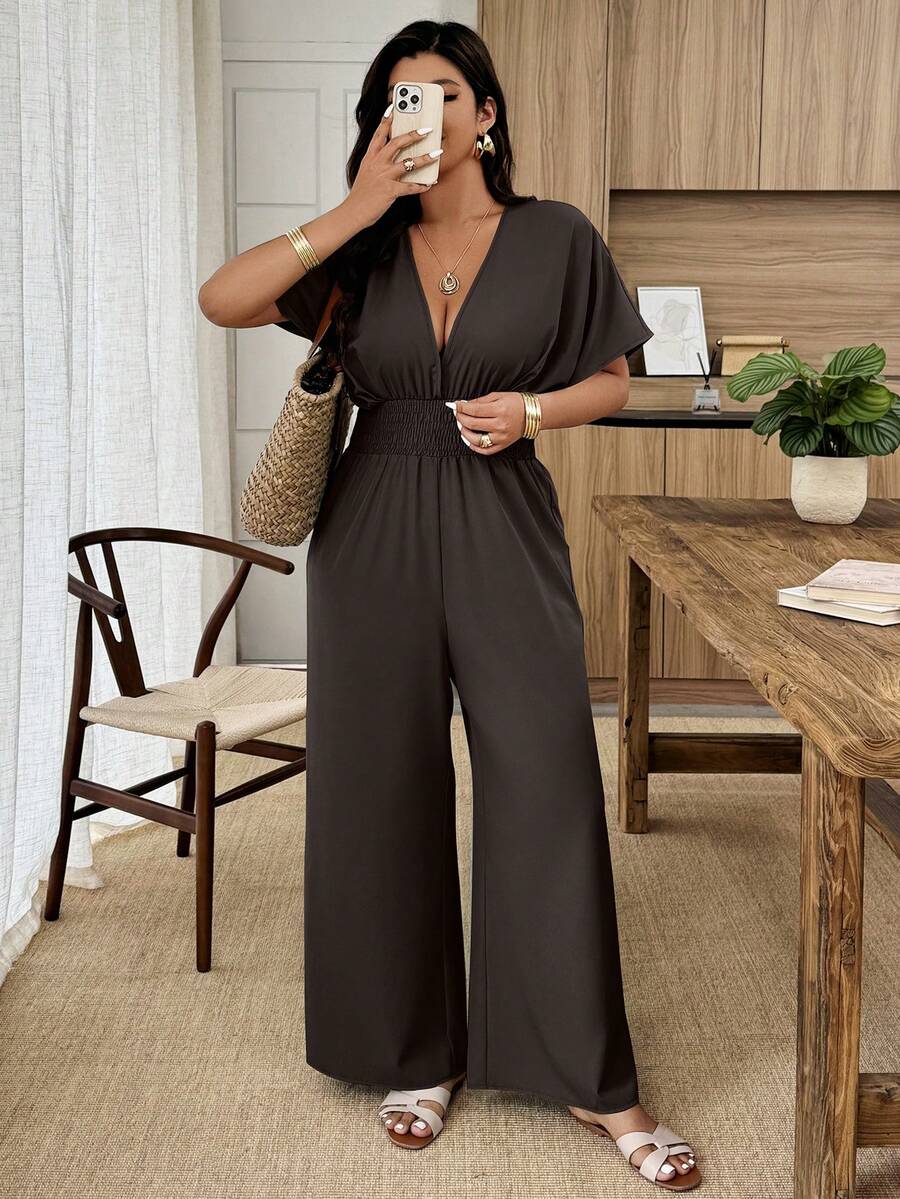 Weeklong Plus Size Women's Spring/Summer Jumpsuit With Pleated Waist, Loose Top And Tight Bottom, Casual Commuter Wear - Brown - View 1
