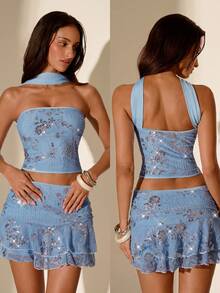 SHEIN Glamour Conjunto de 2 piezas de falda mini con cuello halter sin espalda y sin mangas en color azul con brillo, conjunto de elegancia elevada, conjunto de fiesta de graduación, conjunto de atuendos de rave/festival, conjunto de ropa urbana, conjunto de concierto, conjunto de cita nocturna, conjunto de cumpleaños de mujer, conjunto de otoño e invierno, imprescindible para fiestas, conjunto de Año Nuevo, conjunto de fiesta de boda - Azul - Ver 1