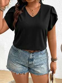 SHEIN Frenchy Camiseta de talla grande de verano, de unicolor y con espalda de encaje - Negro - Ver 2