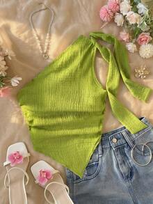 SHEIN Áo hai dây màu xanh lá chanh ôm sát, không đối xứng, buộc dây vai, có bèo nhún, thích hợp cho kỳ nghỉ, lễ hội âm nhạc, phong cách bohemian, tiệc trà chiều ngày lễ, móc len, phong cách Y2K. - màu xanh lá - Xem 3