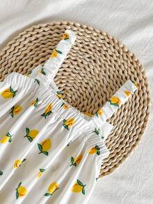 Cozy Pixies 女婴可爱柠檬花卉图案宽松吊带连衣裙，夏季 - 黃色 - 查看 5