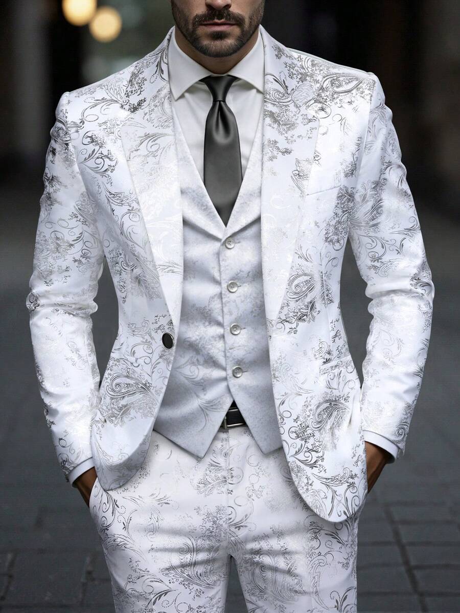 Manfinity AFTRDRK Men's Fashion White And Silver Paisley Print Suit Blazer & Pants Set, Elegant Slim Fit One Button Blazer For Wedding, Autumn Party, Banquet, Vintage Y2k, Ceremony - White - View 1