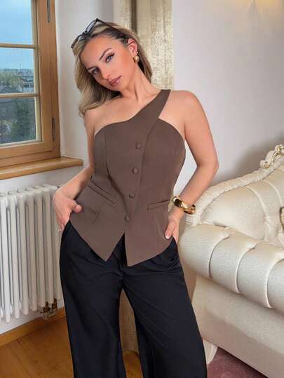 Jeta Ari 杏色无袖单肩休闲时尚女士西装外套，夏季穿着