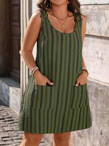 EMERY ROSE Plus Size Women's Retro Wavy Striped Linen-Like Casual Sleeveless Dress With Buttons And Pockets, Suitable For Vacation And Home Wear - Army Green - View 6