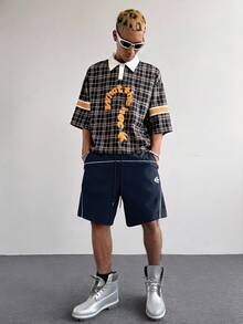PAVTROS Men's Graphic Print Contrast Trim Drawstring Waist Shorts - Navy Blue - View 5
